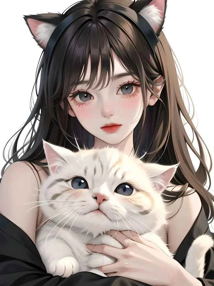 Hình nền cute nữ phong cách anime ôm mèo trắng