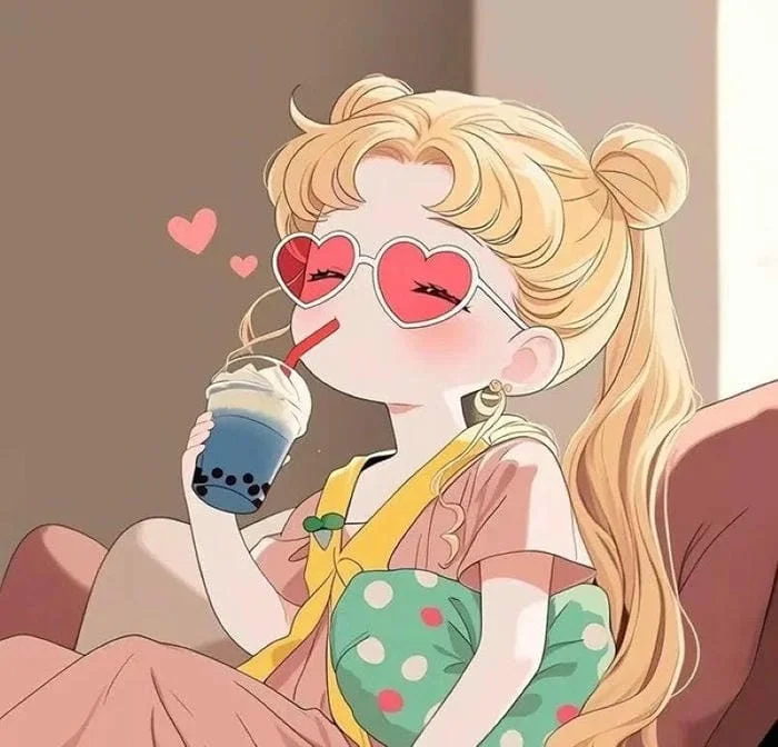 Cô gái anime dễ thương uống trà sữa làm hình đại diện facebook
