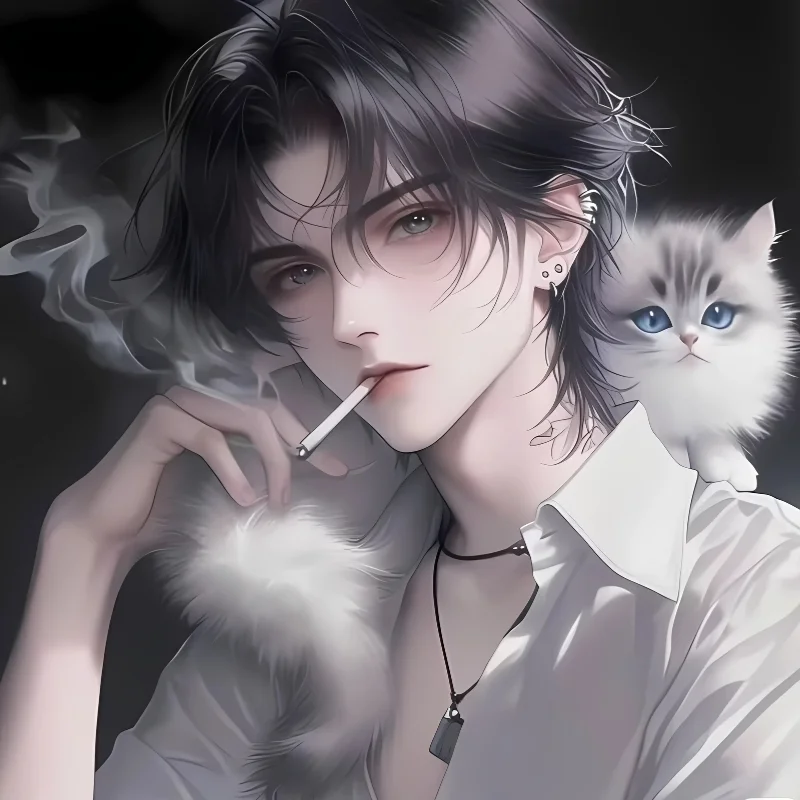 Ảnh avatar FB nam anime hút thuốc cùng mèo